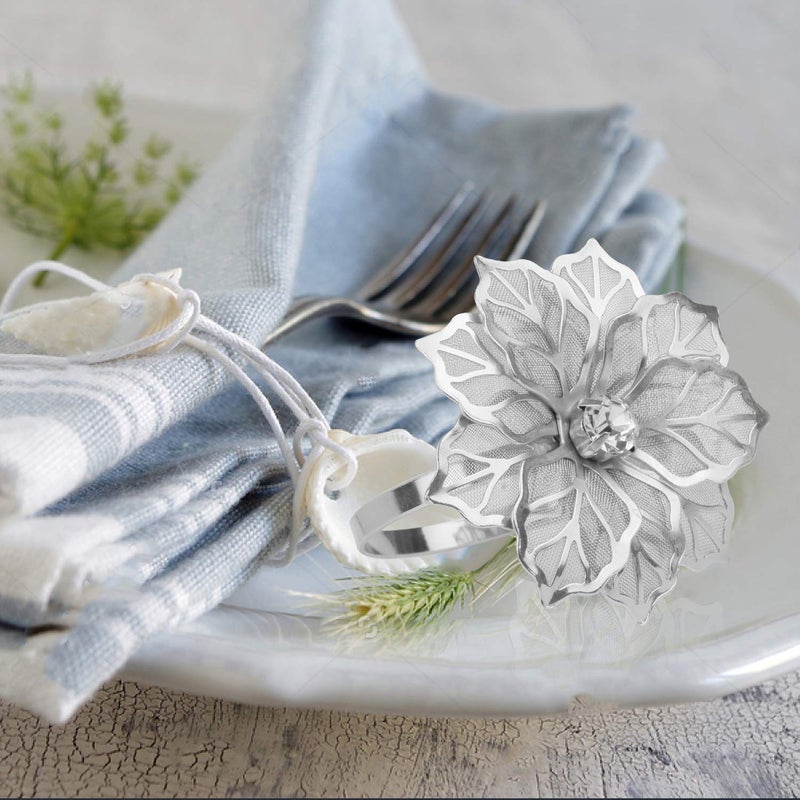 Picowe Set of 12 Alloy Napkin Rings with Hollow Out Flower Napkin Ring Holders for Wedding Party Holiday Banquet Christmas Dinner Delicate Serviette Buckles Decor Favor (Silver) - Image 5